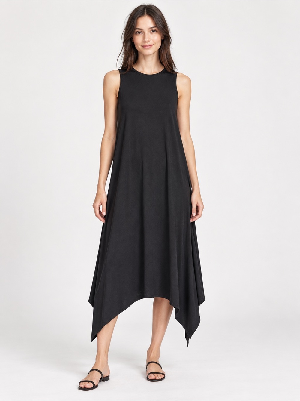Eileen Fisher Black Sleeveless Viscose Handkerchief Hem Dress Size XXS